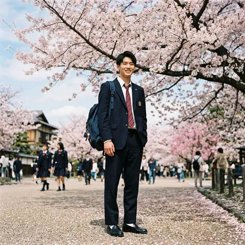 Asian Male in School Uniform Under Cherry Blossom Tree
