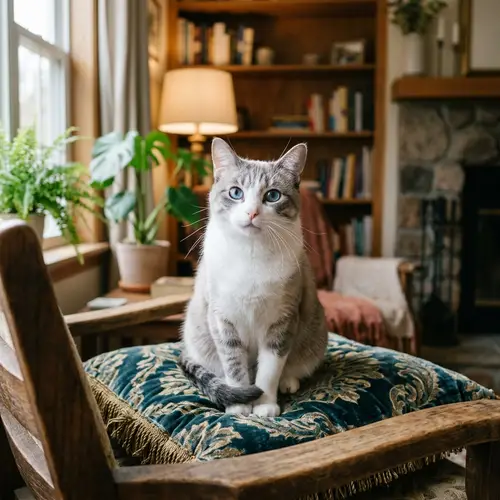 Adorable Cat Sitting Comfortably | Whites, Grays, Playful Blue Eyes