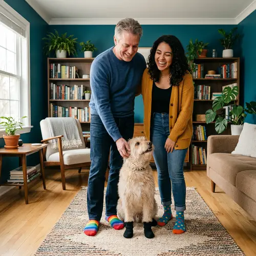 Colorful Socks: Man, Woman, Dog in Cozy Room