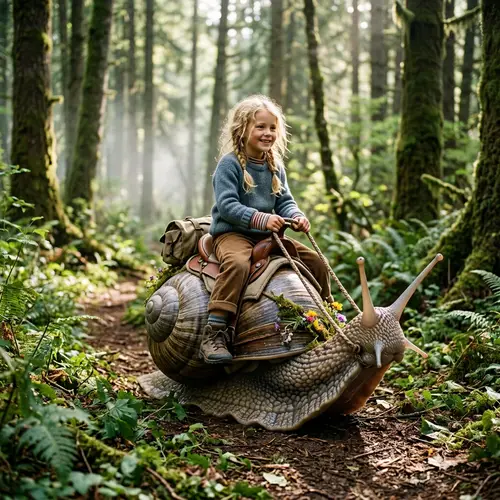 Blonde Girl Riding a Giant Snail