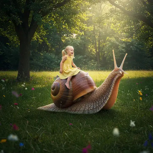 Blonde Girl Riding a Giant Snail