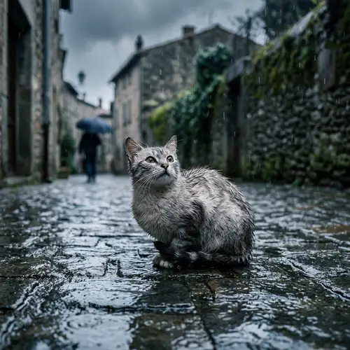 Tranquil Cat Scene Under Rain | Atmospheric and Cold Palette
