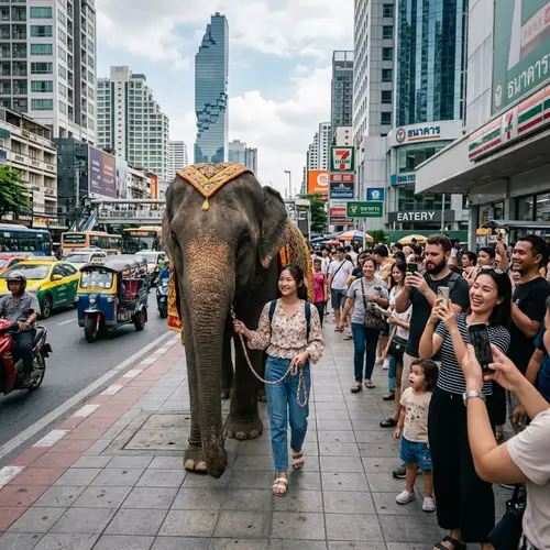 4K Photo of Asian Teen Girl with Elephant in City