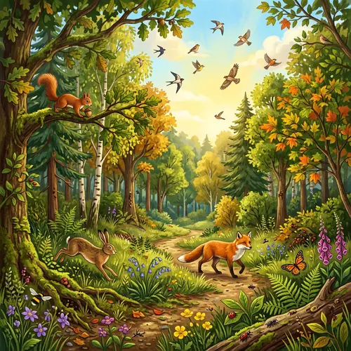 Forest Animals and Birds Illustration in Nature Scene