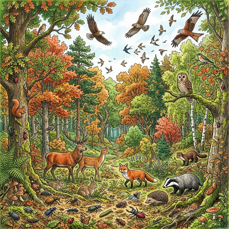 Enchanting Forest Scene with Diverse Wildlife and Flora | Birds Soaring