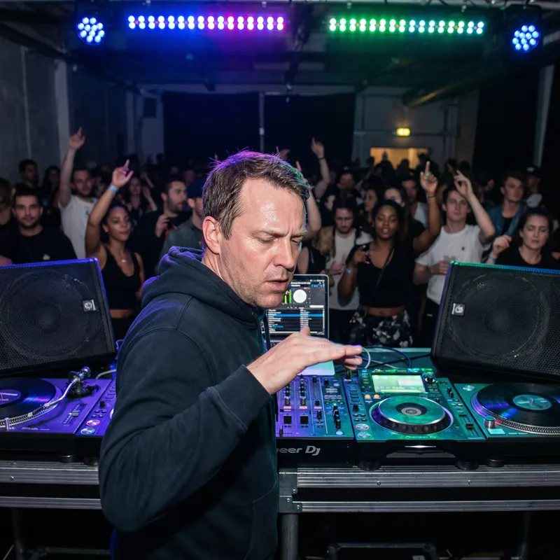 Vibrant DJ Performance with Diverse Crowd and Colorful Atmosphere