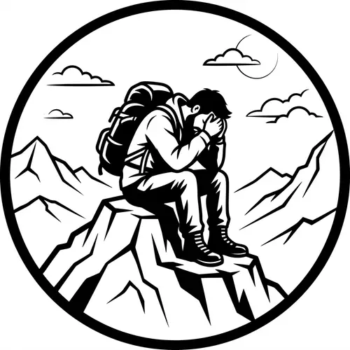Exhausted Man Icon on Mountain - 2D Black and White