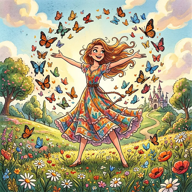 Empowered Woman with Butterfly Companions in Disney Pixar Style