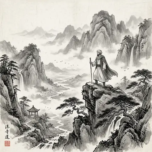 Tranquil Chinese Ink Wash Mountain Landscape Painting