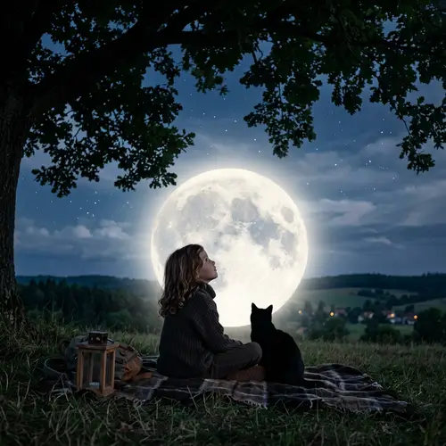 Tranquil Scene: Girl with Black Cat Under Radiant Moonlight