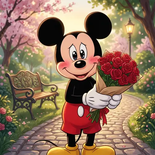 Romantic Mickey Mouse | In Love with Bouquet of Red Roses