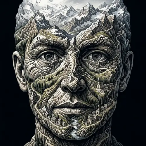Escher-Inspired Face Transformed into Alpine Landscapes