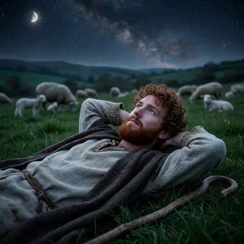 Young Red-Haired Shepherd in Starry Field Stargazing with Flock