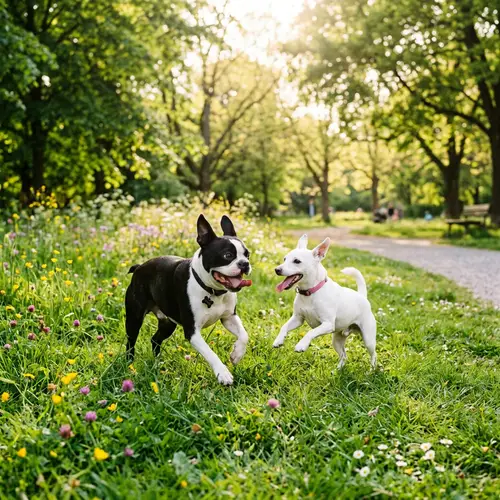 Boston Terrier Playing with White Miniature Pinscher in Grass Park