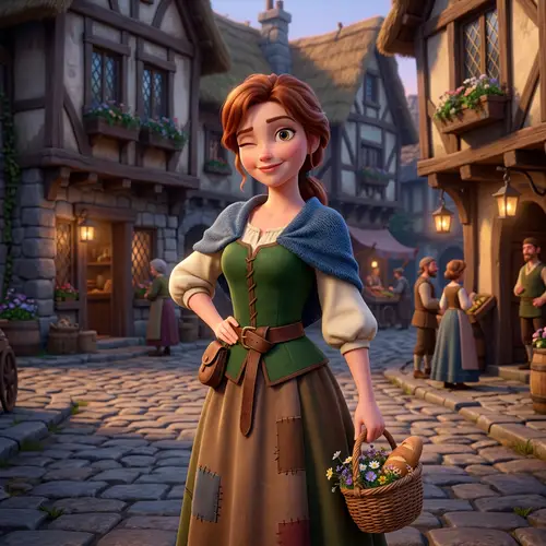 Graceful Woman Winking in Medieval Village - Pixar Style