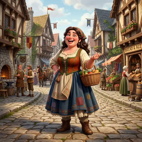 Medieval Village Scene with Cheerful Woman | Animated Style