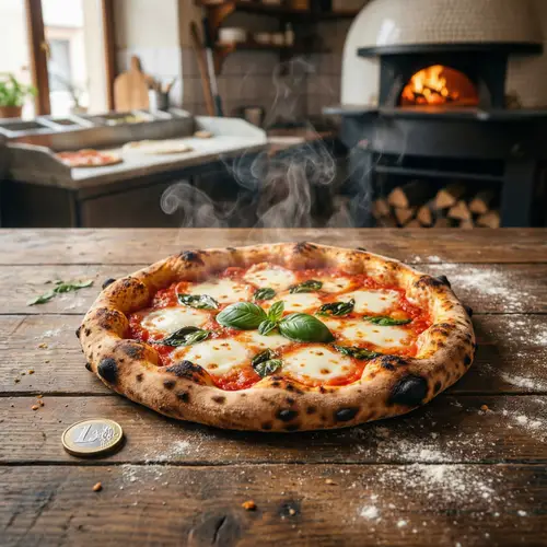 Delicious One Euro Pizza on Rustic Wooden Table | Euro Coin Size Comparison
