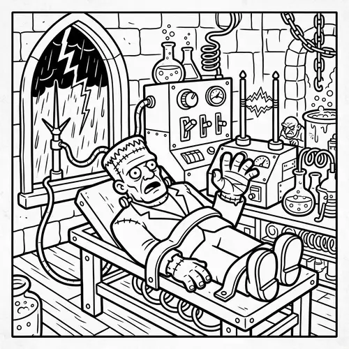 Frankenstein's Monster in a Stormy Laboratory Coloring Page