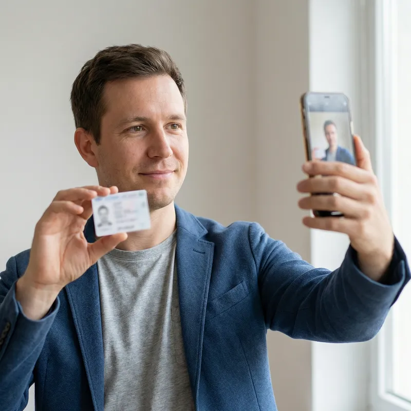 Caucasian Male Holding ID and Taking Selfie Simultaneously
