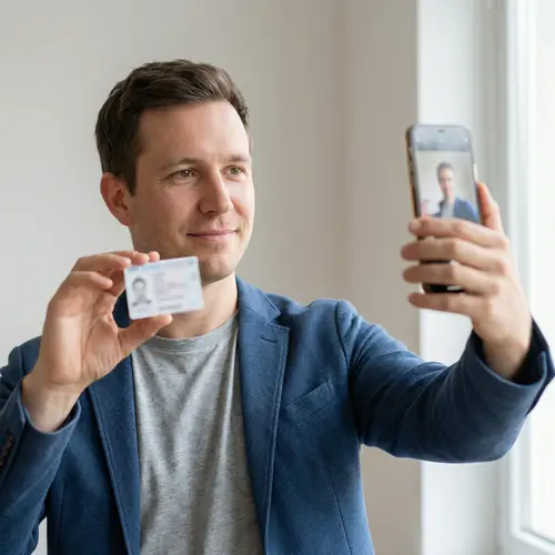 Caucasian Male Holding ID and Taking Selfie | Indoor Shot