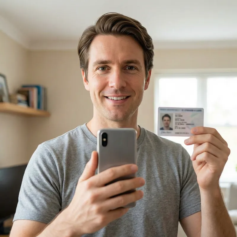 Caucasian Male Taking Selfie with ID in Brightly Lit Room