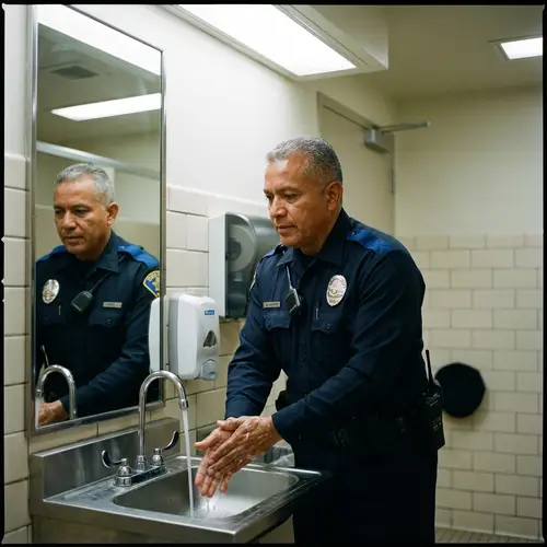 Middle-Aged Copper-Toned Skin Traffic Officer Using Restroom