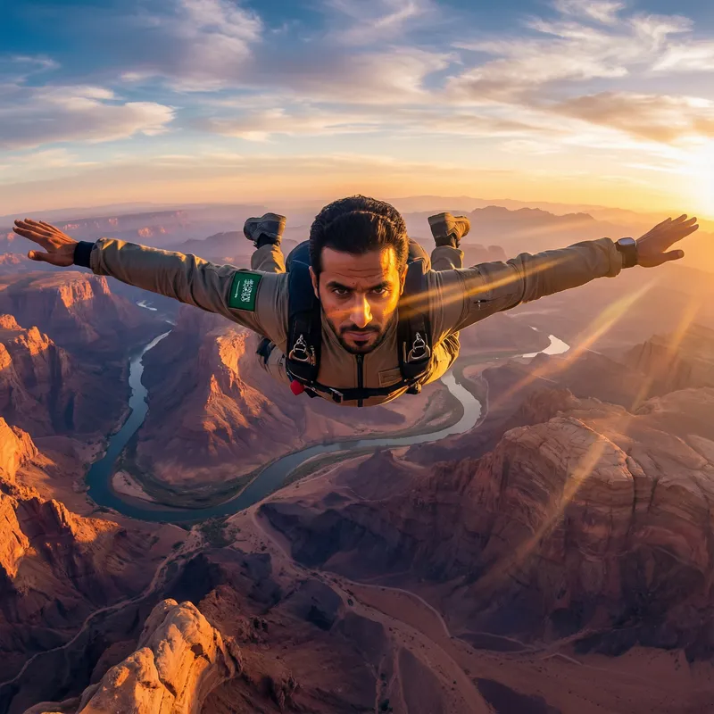 Adventure of a Saudi Man Soaring through Vibrant Sky Adventure of a Saudi Man Soaring through Vibrant Sky