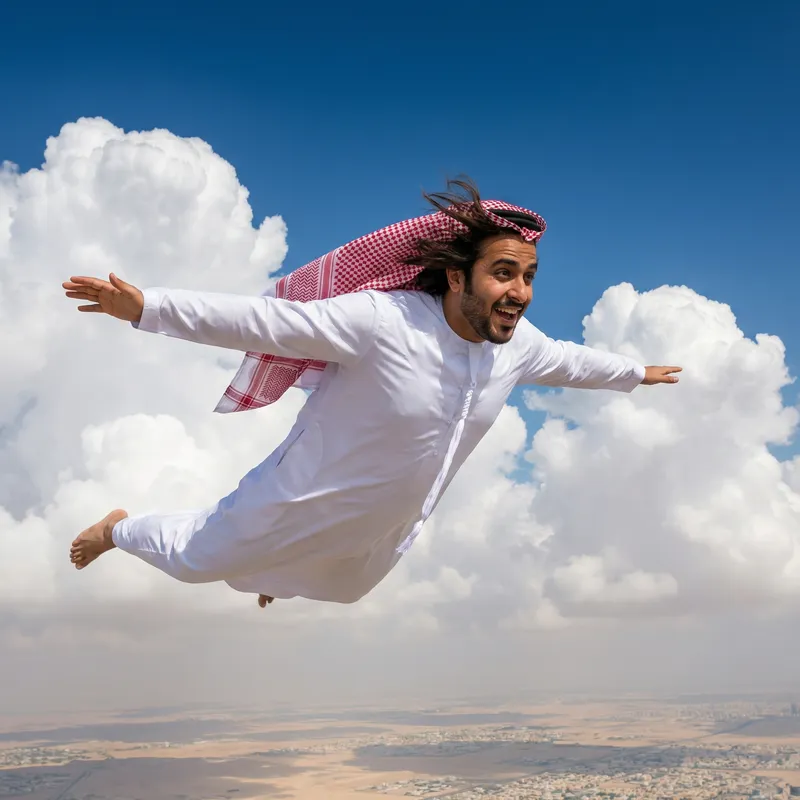 Saudi Man Soaring High in Traditional Attire | Captivating Image