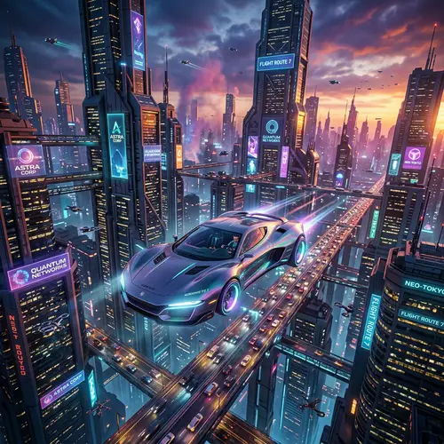 Futuristic Flying Car in Vibrant Cityscape | Advanced Technology