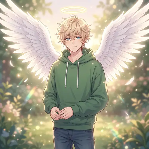 Angelic Male Character with Blonde Hair and White Wings