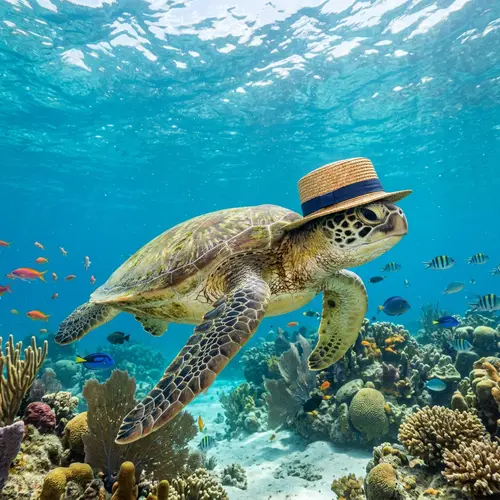Oceanic Turtle Swimming in Blue Sea with Hat