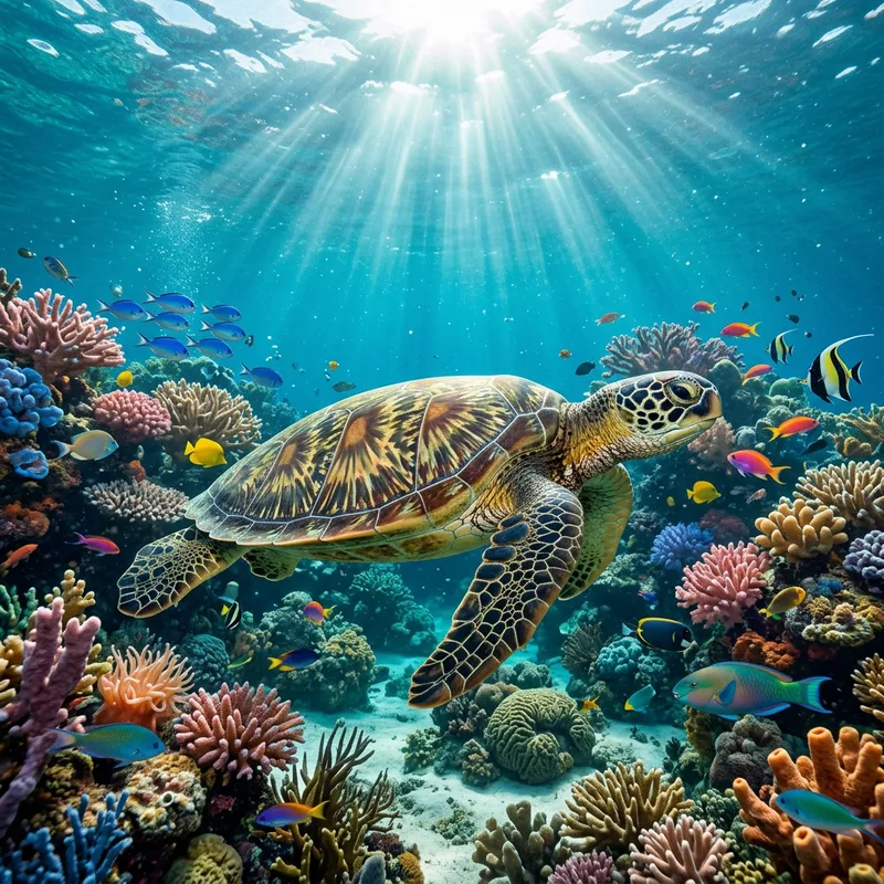 Graceful Sea Turtle Among Colorful Corals