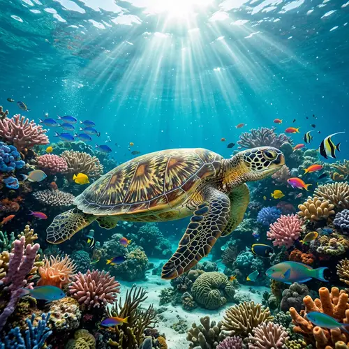 Graceful Sea Turtle Swimming Among Colorful Corals