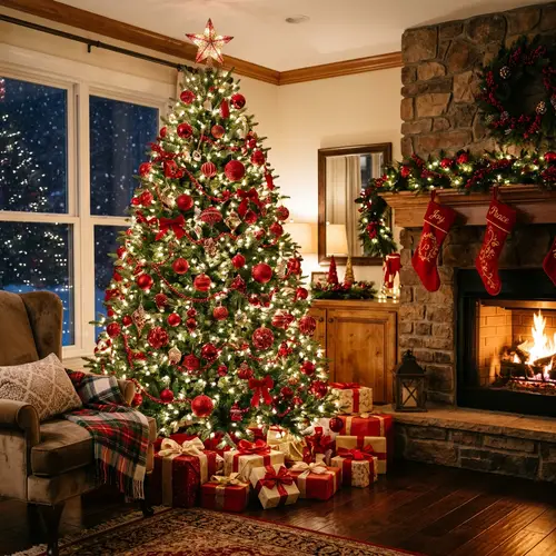 Red Christmas Tree Decor: Sparkling Ornaments & Lights