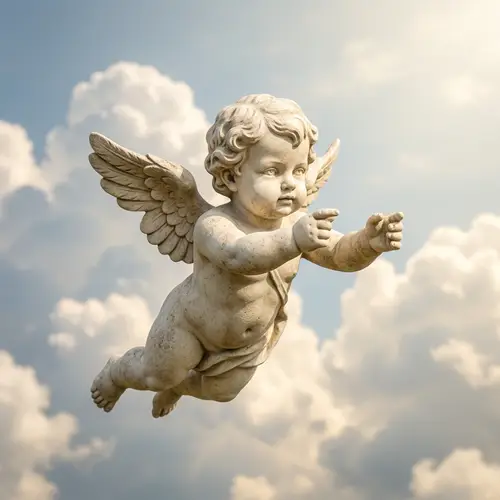 Caucasian Baby Angel with Feathered Wings in Flight