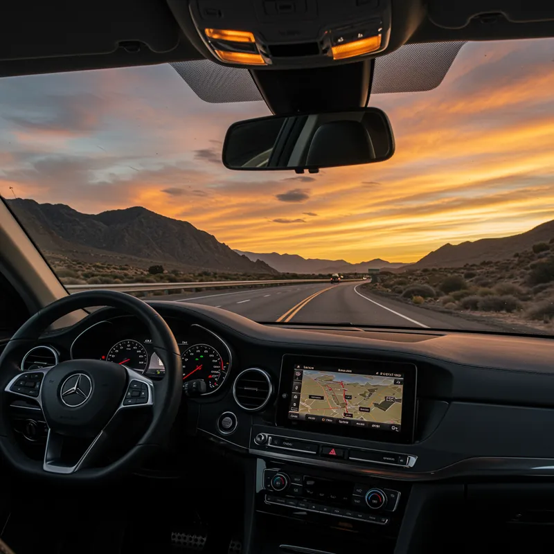 Luxury Car Interior with Stunning Sunset View Luxury Car Interior with Stunning Sunset View