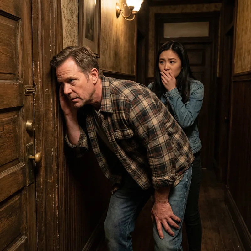 Eavesdropping: Man and Woman Listening at Door