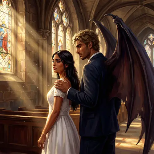 South Asian Girl in White Dress & Blond Man in Historical Church