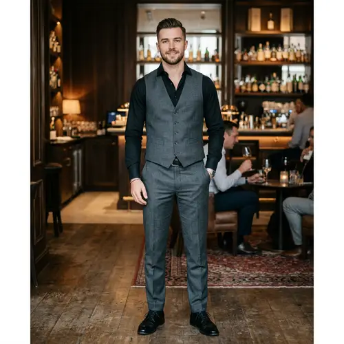 Men's Gray Suit Without Jacket and Black Shirt