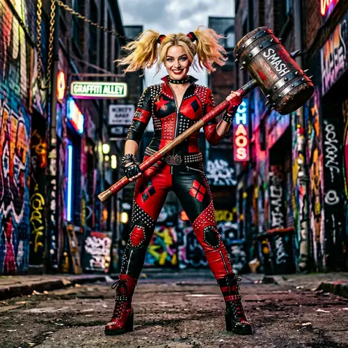 Daring Blonde Woman in Black and Red Jumpsuit with Mallet