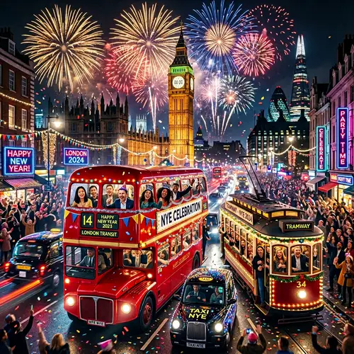 New Year's Eve Public Transport Celebration with Colorful Decorations