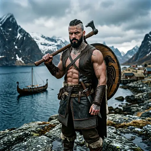 Handsome Viking Warrior in Nordic Background