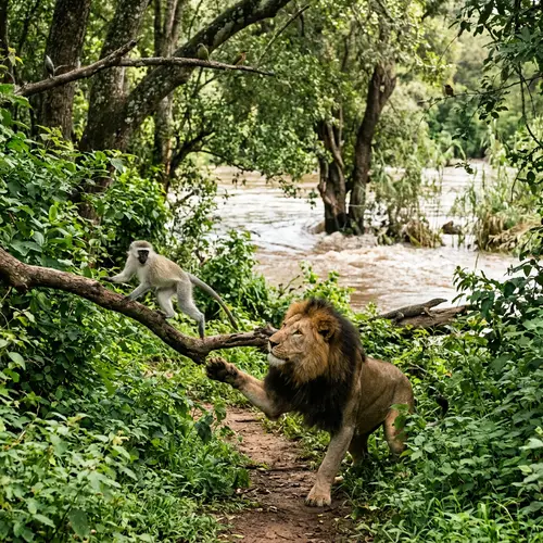 Playful Monkey Chase with Majestic Lion in Lush Bush