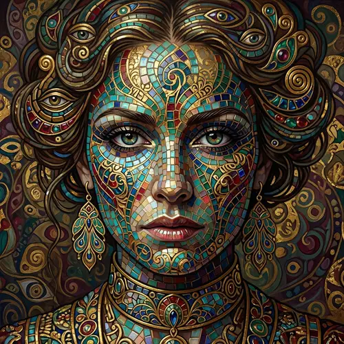 Woman's Face Mosaic Tiles Digital Painting | Art Nouveau Style