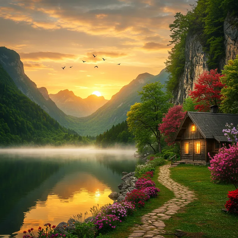 Serene Lake Sunset Landscape with Cabin