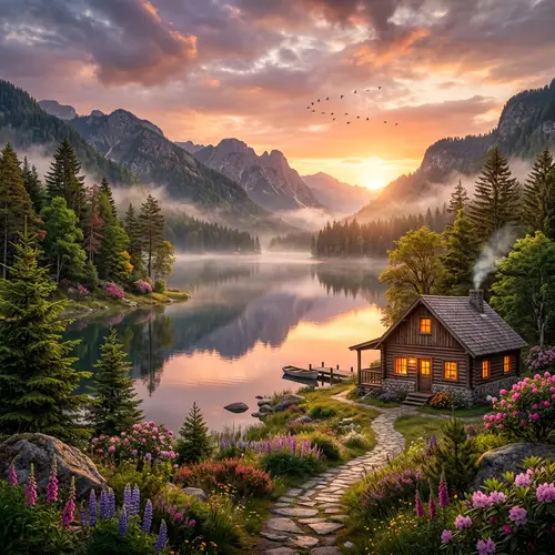 Serene Lake Sunset Landscape with Cabin