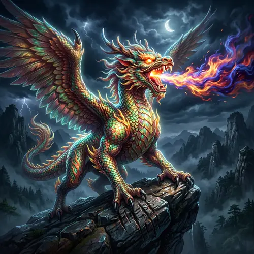 Majestic Chinese Mythical Beast with Radiant Scales and Blazing Eyes