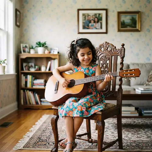 Small Girl Playing Guitar in a Cozy Room
