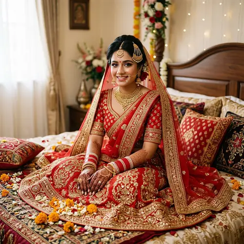 South Asian Bride in Vibrant Red and Gold Wedding Attire