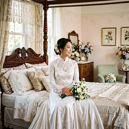 Asian Bride Sitting on Ornately Decorated Bed | Serene Pre-Ceremony Moment